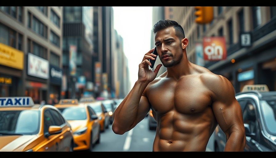 Muscular man talking on phone on city street, how he got jacked