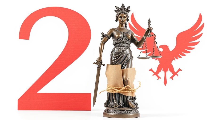 Lady Justice statue with scales, red number two and eagle, kraft paper wrapping.