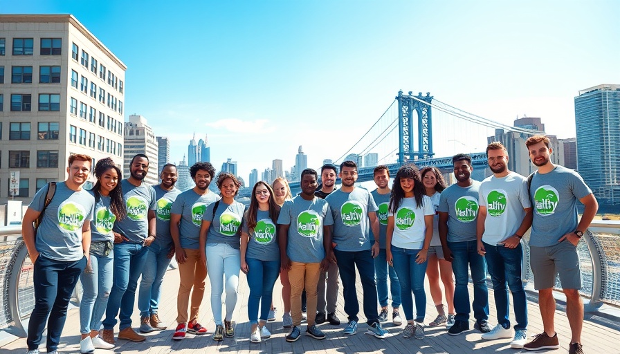 Group promoting Healthy Cities Challenge near urban bridge on sunny day.
