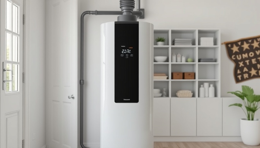 Modern heat pump water heater in utility room.