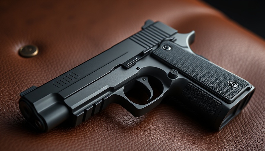 Modern handgun showcasing design on textured leather.