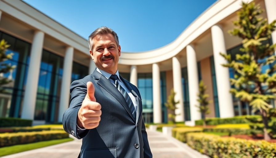 Confident man in suit with thumbs up in front of modern building.