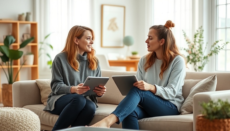 Two women discuss in a bright living room, engaging interaction, natural light.