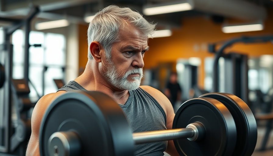 Older man lifting weights in a gym, showcasing intense focus and determination.