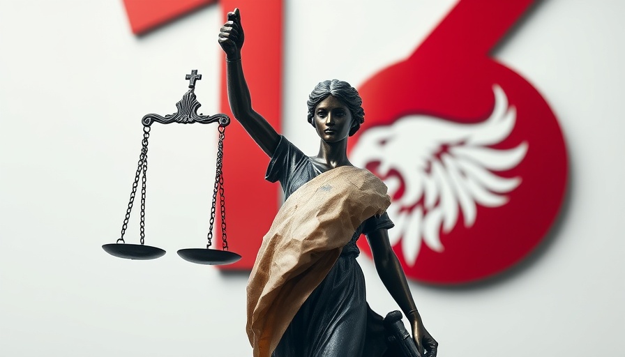 Hawaii gun ban challenge symbol: Justice statue with red numeral and eagle.