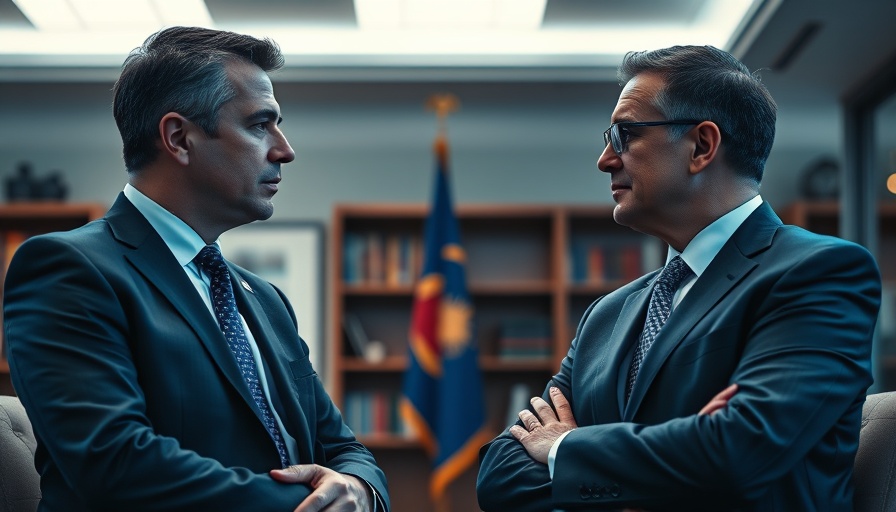 Two men discussing in a professional setting, blue tone.