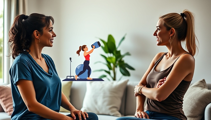 Two women discussing fitness strategy in living room.