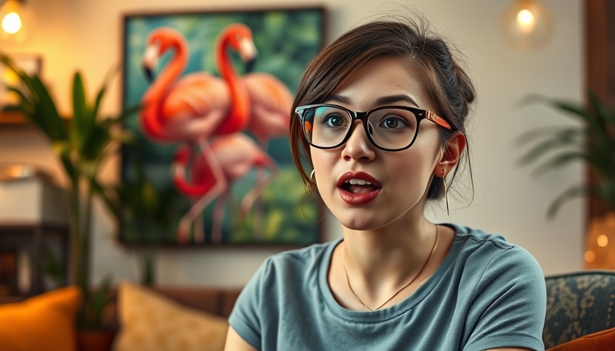 Animated woman discussing in front of colorful flamingo art.