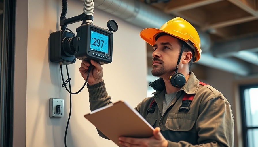 Technician inspecting equipment for testing homes for air leaks indoors.