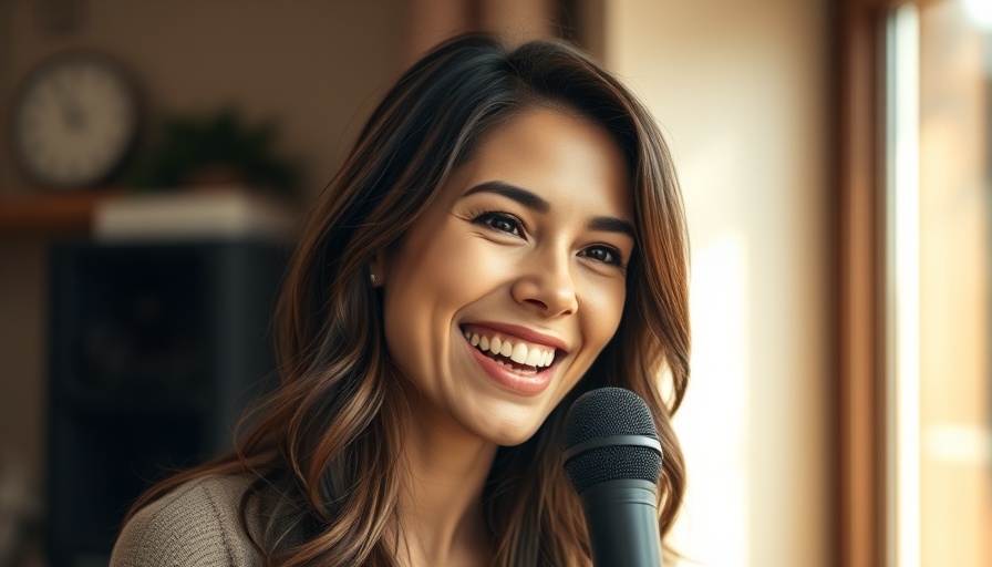 Smiling woman speaking into a microphone, holistic fitness wellness discussion