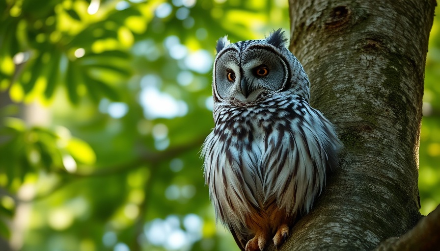 Mottled owl perching calmly in lush forest.
