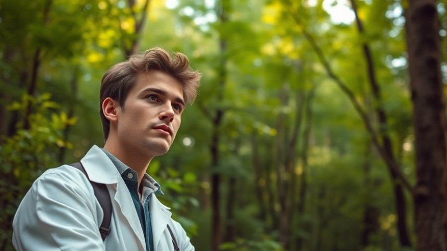 Thoughtful young scientist in a lush forest, promoting pandemic prevention and environmental health.