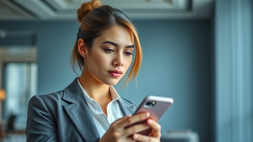 Professional marketer analyzing customer engagement strategies on her phone in a sleek office.