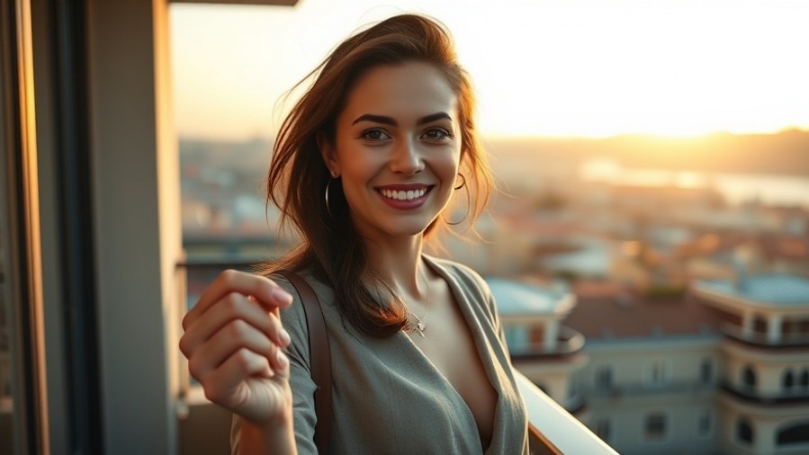 Young woman holds keys on balcony, excited about living in Istanbul's real estate.