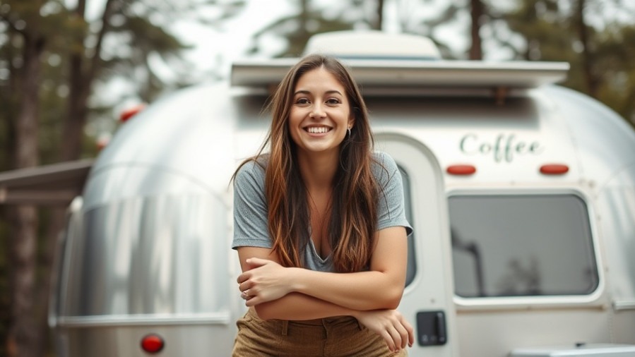 Cheerful woman at a renovated Airstream coffee stand, showcasing mobile marketing and branding strategies.