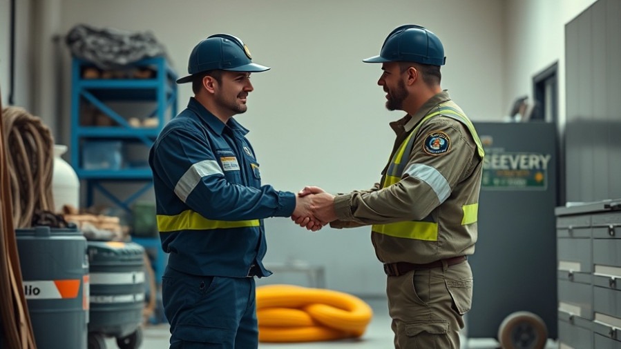 Two disaster recovery professionals shaking hands in a workspace, symbolizing partnership.