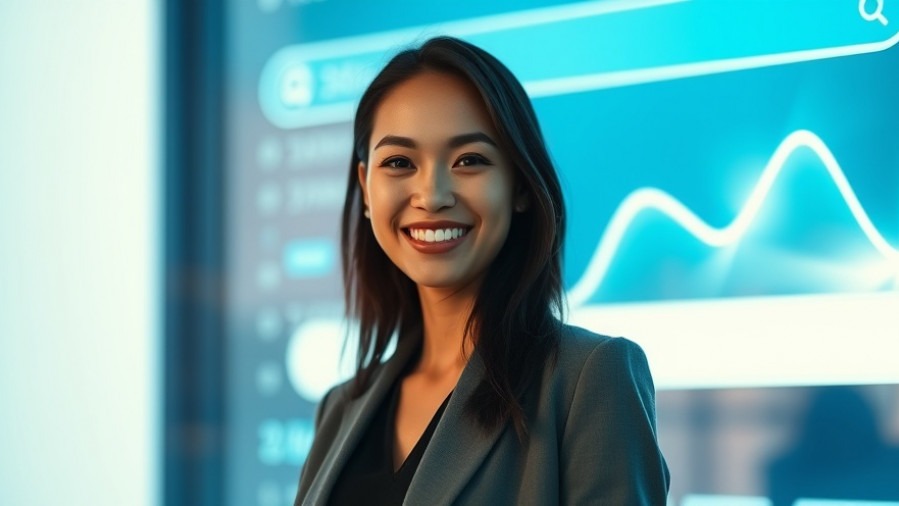 Energetic young professional woman engaging with AI search tools, representing brand authority.