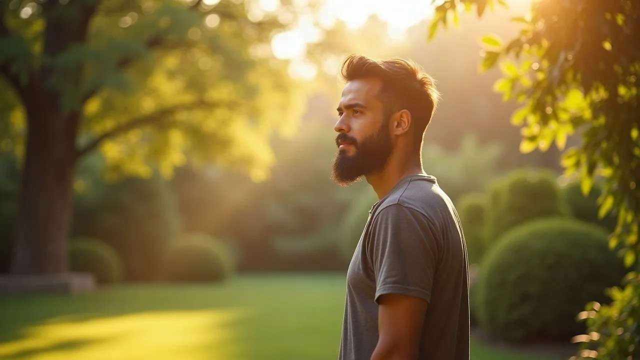 Male speaker relaxing after Ted Talk in garden environment