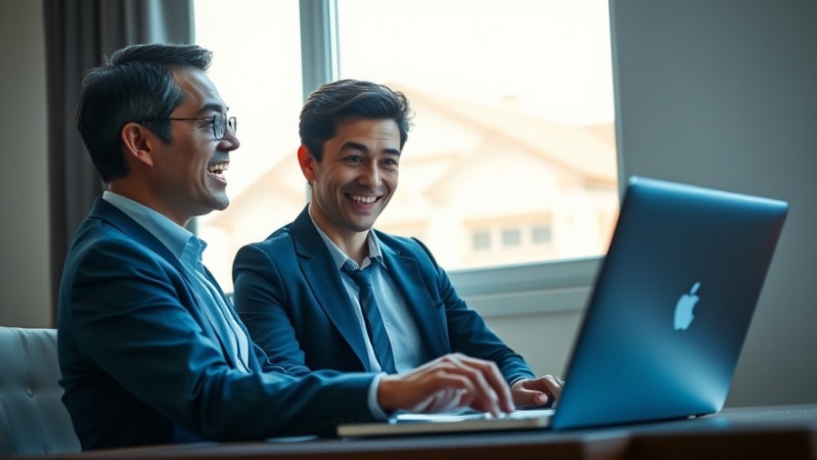 Confident business professional amazed by AI tools for business results on laptop.