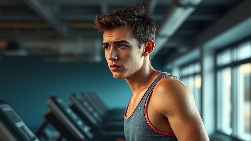 Young adult in gym attire pausing on treadmill, reflecting on fitness goals.