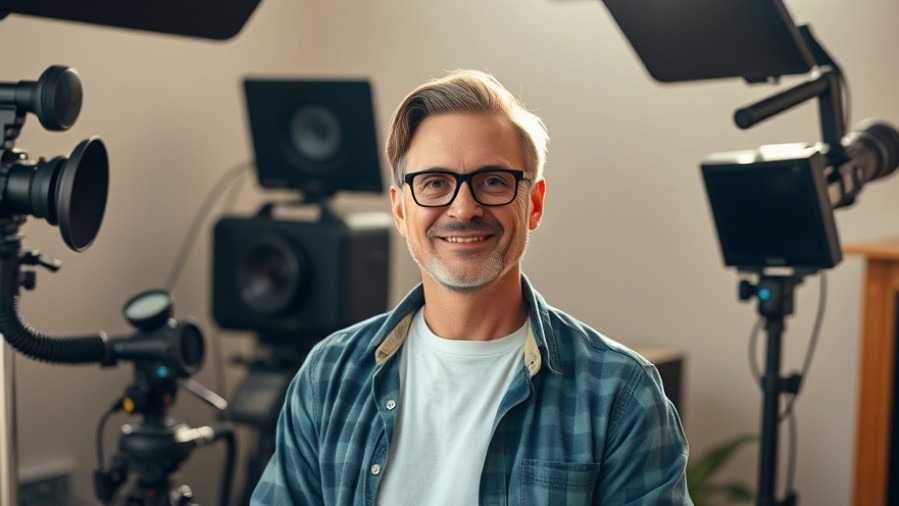 Confident studio owner showcasing client engagement techniques in a warm, photorealistic setting.