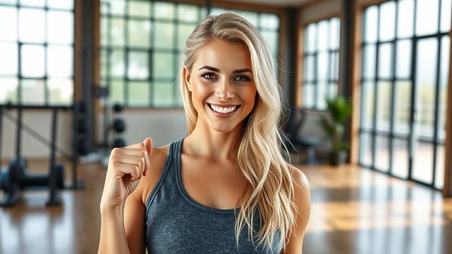 Smiling blonde woman in a fitness studio, showcasing boutique gym marketing and client engagement strategies.
