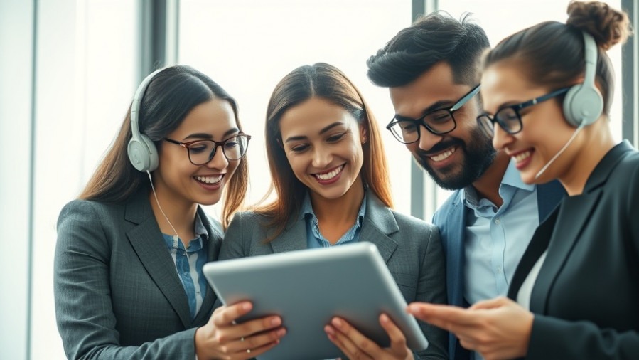 Diverse professionals engaged with HBR Leadership Podcasts, showcasing curiosity.