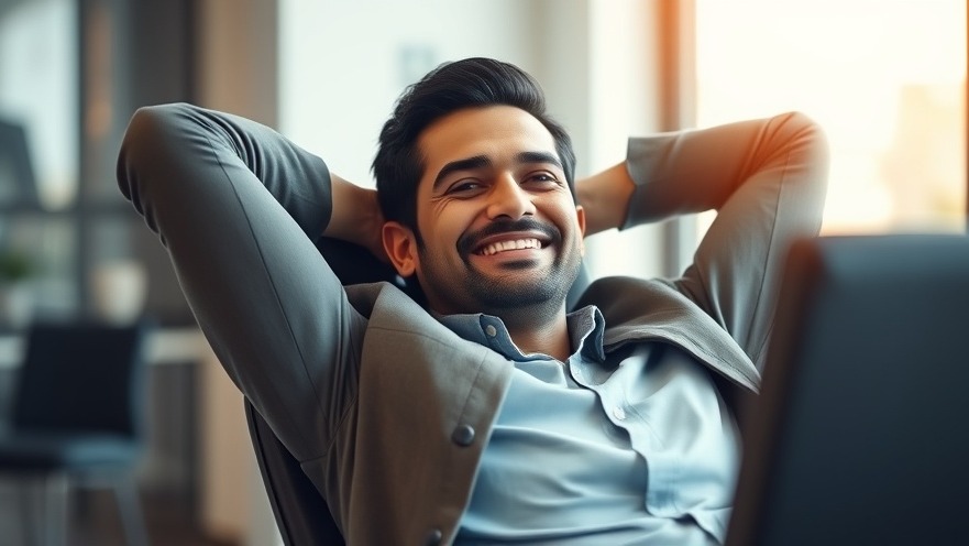 Confident entrepreneur enjoying business autonomy in a relaxed office setting.