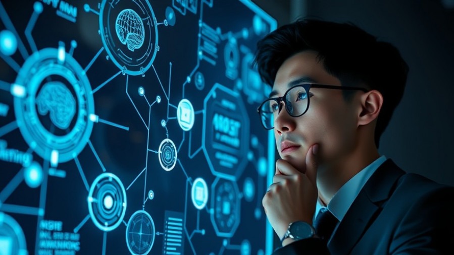 Thoughtful young professional engaging with holographic AI interface, showcasing Artificial Intelligence advancements.