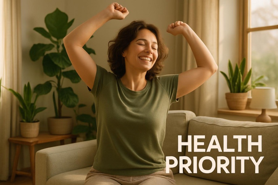 Joyful adult stretching in sunlit home, showcasing indoor air quality and wellness in design.