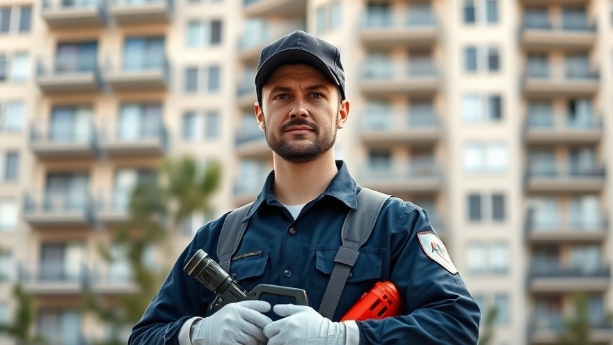 Confident pest control technician addressing pest management at urban apartment.