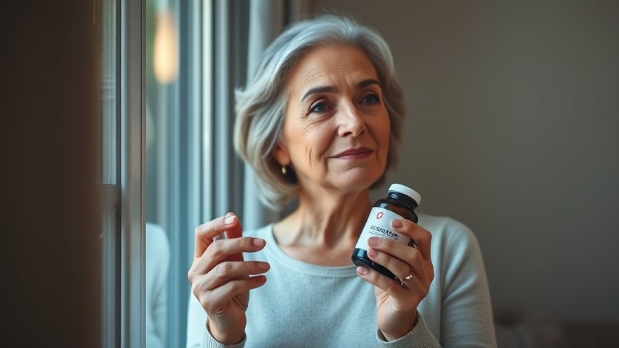 Mature woman relieved by adaptogens for perimenopause holding supplement bottle.