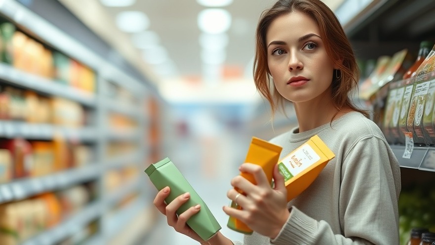 Thoughtful young woman shopper deciding between unbranded products in grocery aisle, reflecting customer experience.