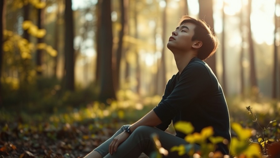 Contemplative person in nature practicing personal growth, listening in soft golden light.