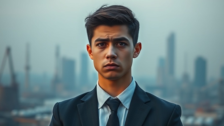 Concerned young professional in business attire against hazy skyline, highlighting emissions reduction.