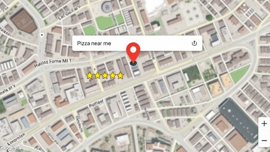 Local search on phone for 'pizza near me' showing Google My Business pin and 5-star rating.