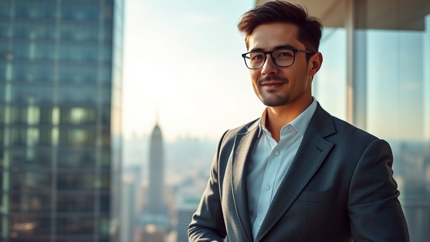 Confident business professional on a glass balcony, showcasing risk-based growth strategies.