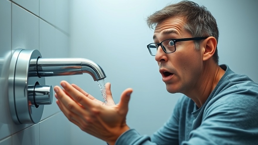 Surprised restroom user reaching for an automatic faucet in a sustainable restroom design.