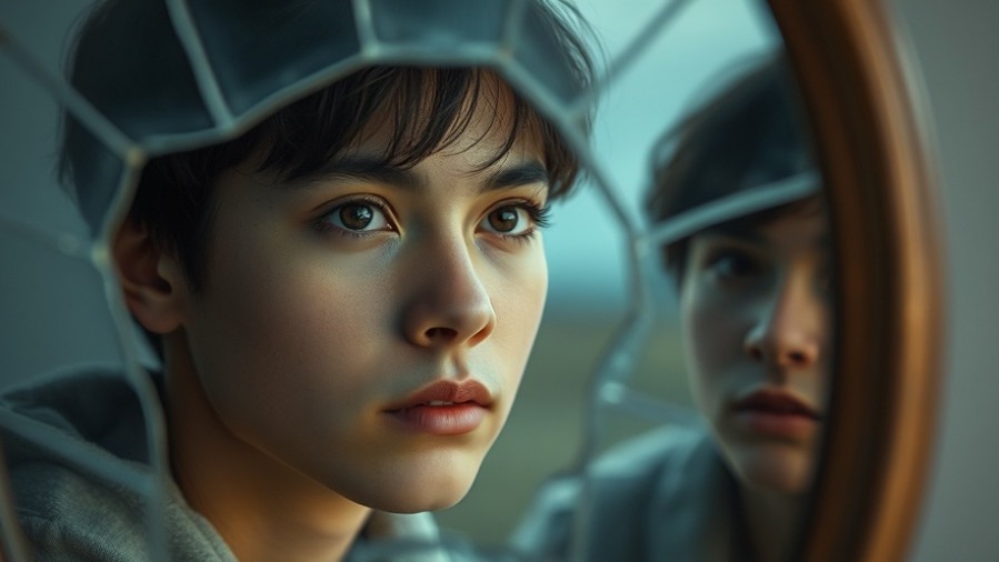 Thoughtful young adult gazing into a cracked mirror, symbolizing emotional recovery from narcissism.