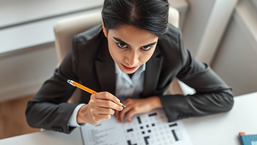 Young professional focused on problem-solving skills with a crossword puzzle.