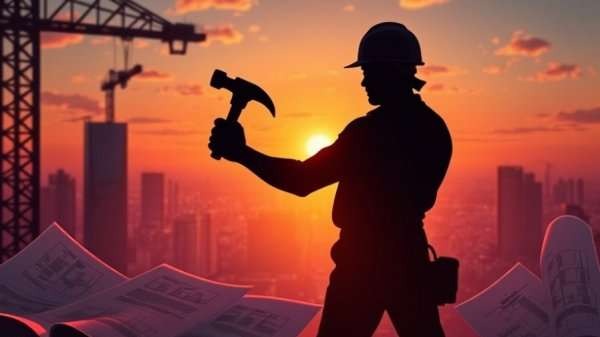 Dynamic silhouette of a construction worker, wielding a hammer