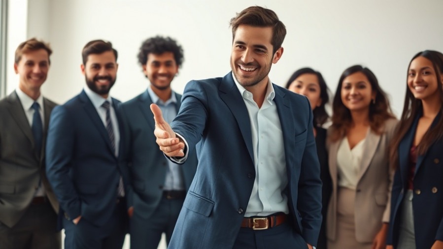 Confident leader fosters organizational culture and employee engagement with diverse team.