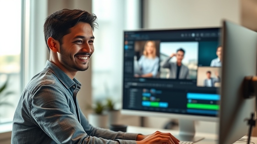Confident young professional using AI video ad production in a modern office.