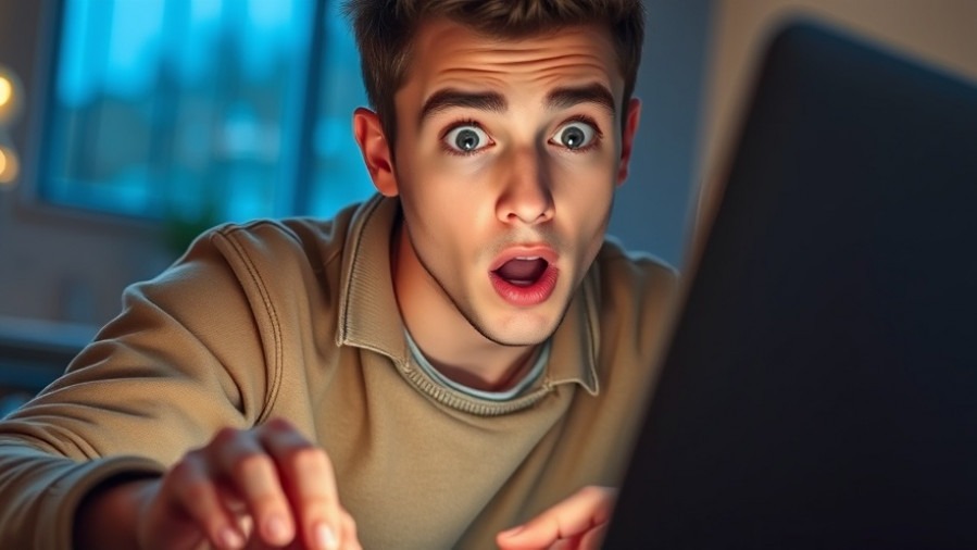 Surprised young adult discovering online learning opportunities on a laptop.