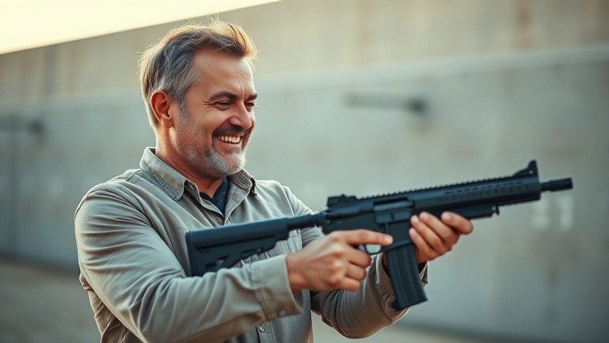 Excited man inspects modern firearm at shooting range, showcasing firearm innovation.
