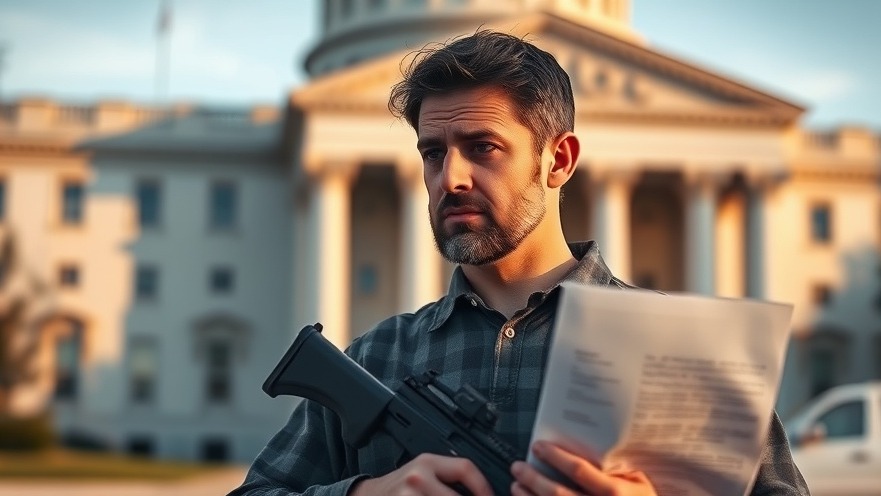 Concerned gun owner reflecting on firearm regulations outside a government building