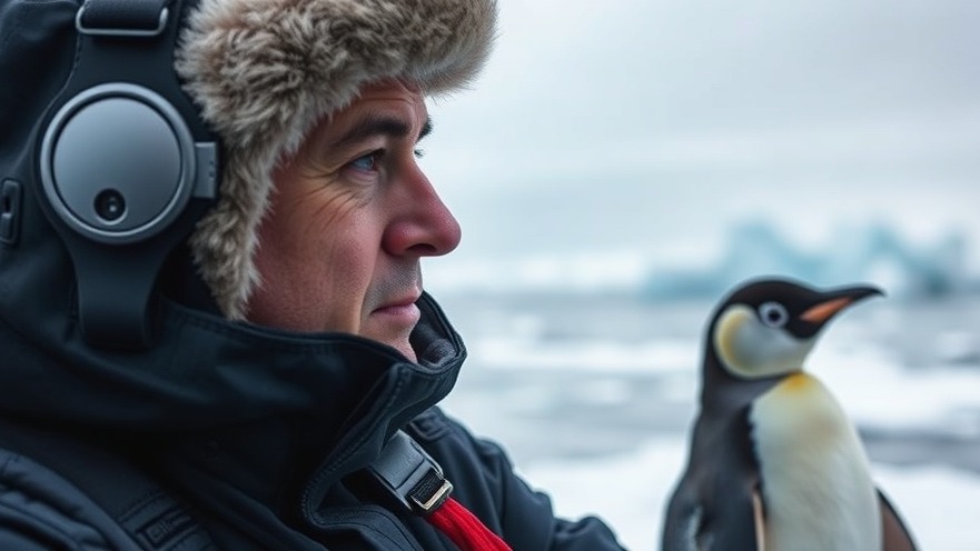 Concerned climate scientist with emperor penguin chick observes habitat loss.