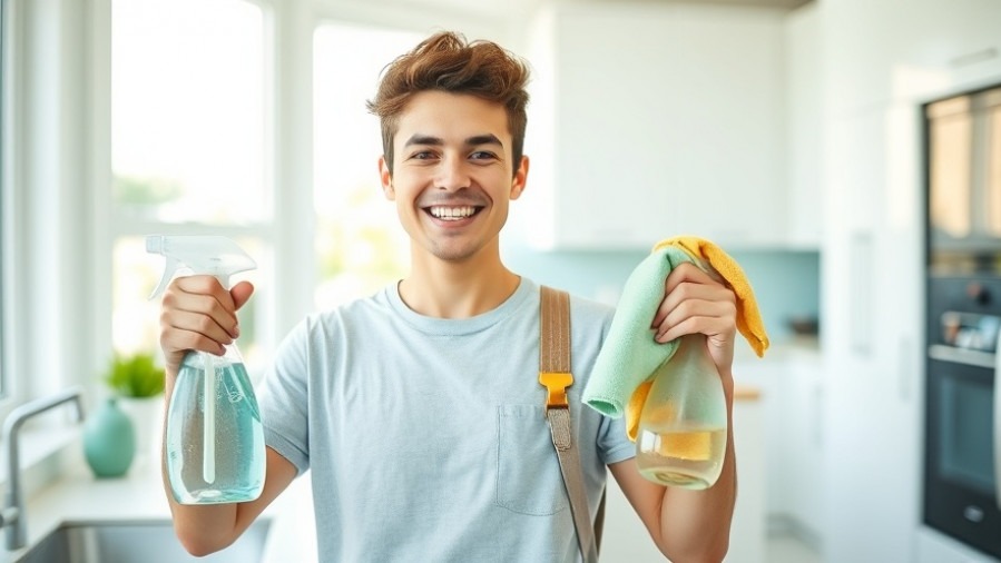 Cheerful person with eco-friendly cleaning products in a bright kitchen.