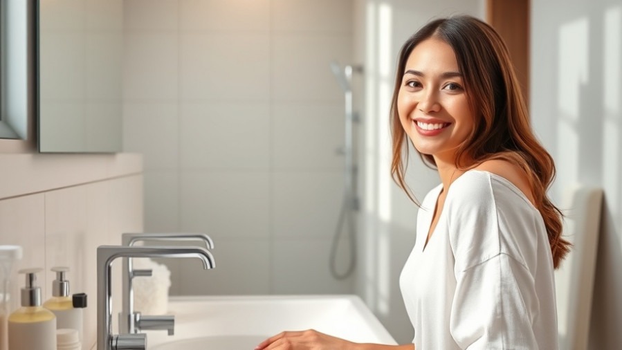 Smiling woman showcases DIY cleaning solutions for bathroom maintenance by a spotless sink.