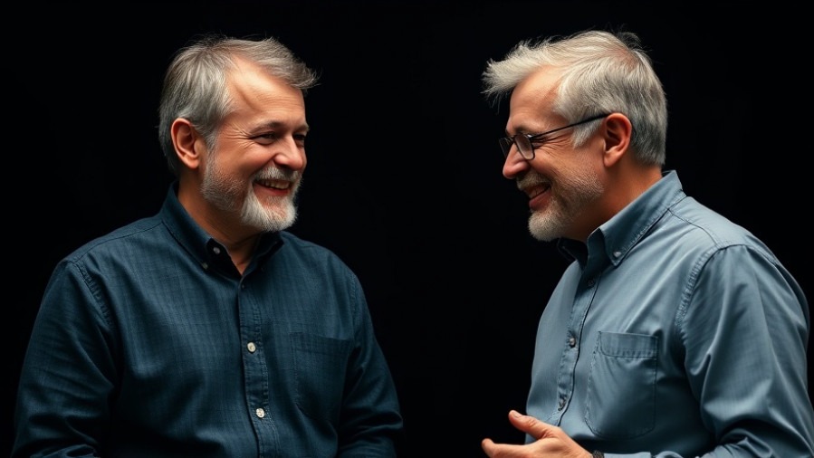 Two mature men discussing ideas on entrepreneurship education against a black background.
